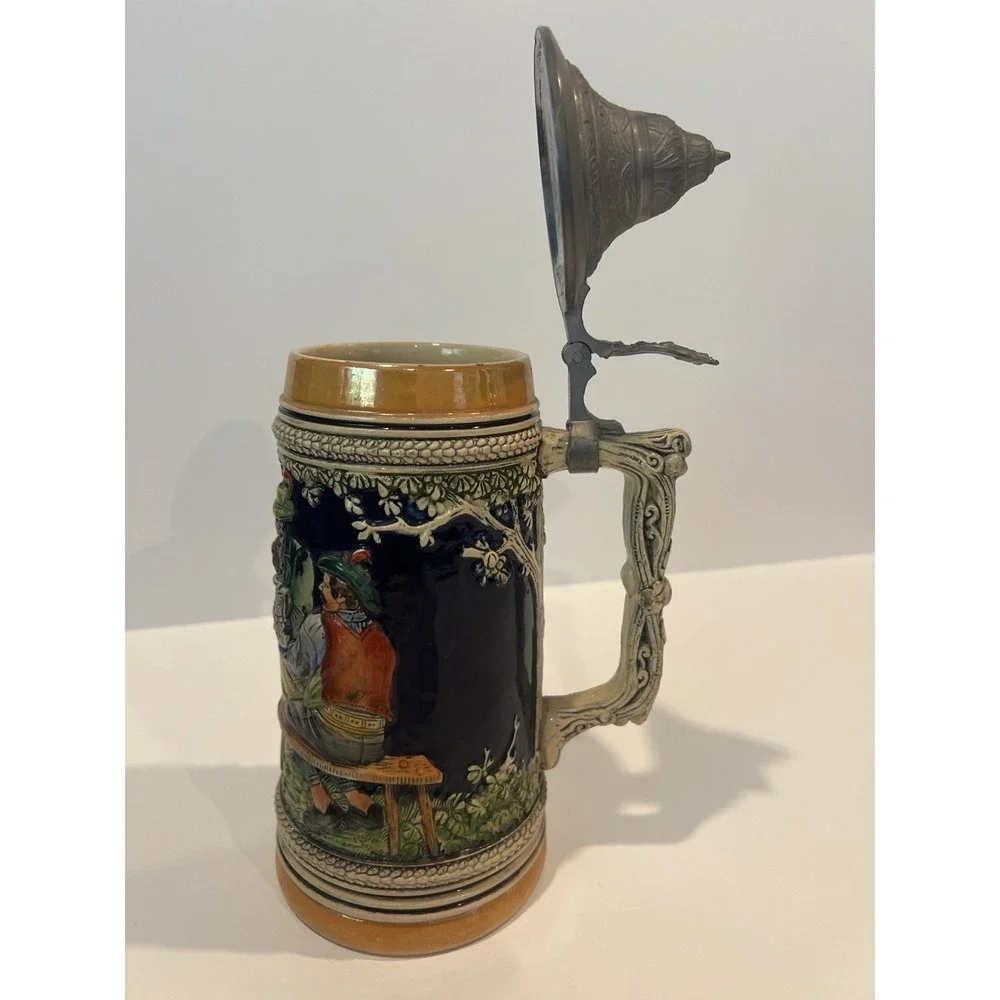 Vintage German Lidded Stein with Tavern Scene,‎ Ornate Handle & Lid, Breweriana